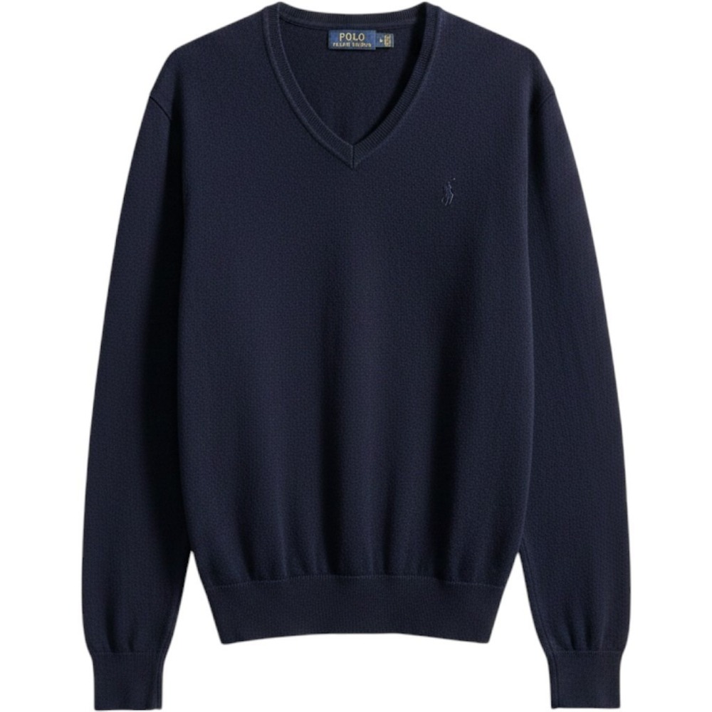 Polo Ralph Lauren V-Neck Navy Blue Washable Merino‎ Wool Sweater Mens M Preppy